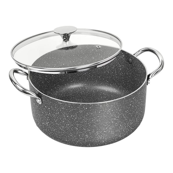 5 Quart Nonstick Stock Pot Gray Aluminum Induction Oven Safe with Stainless Steel Handle Glass Lid Soup Pot