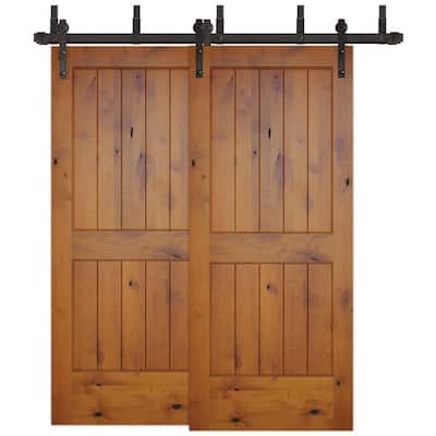 72 in. x 80 in. Bypass Rustic 2-PNL V-Groove Solid Core Knotty Alder Sliding Barn Door with Bronze Hardware Kit