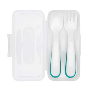 On-The-Go Children's Teal Plastic Fork and Spoon Set with Travel Case