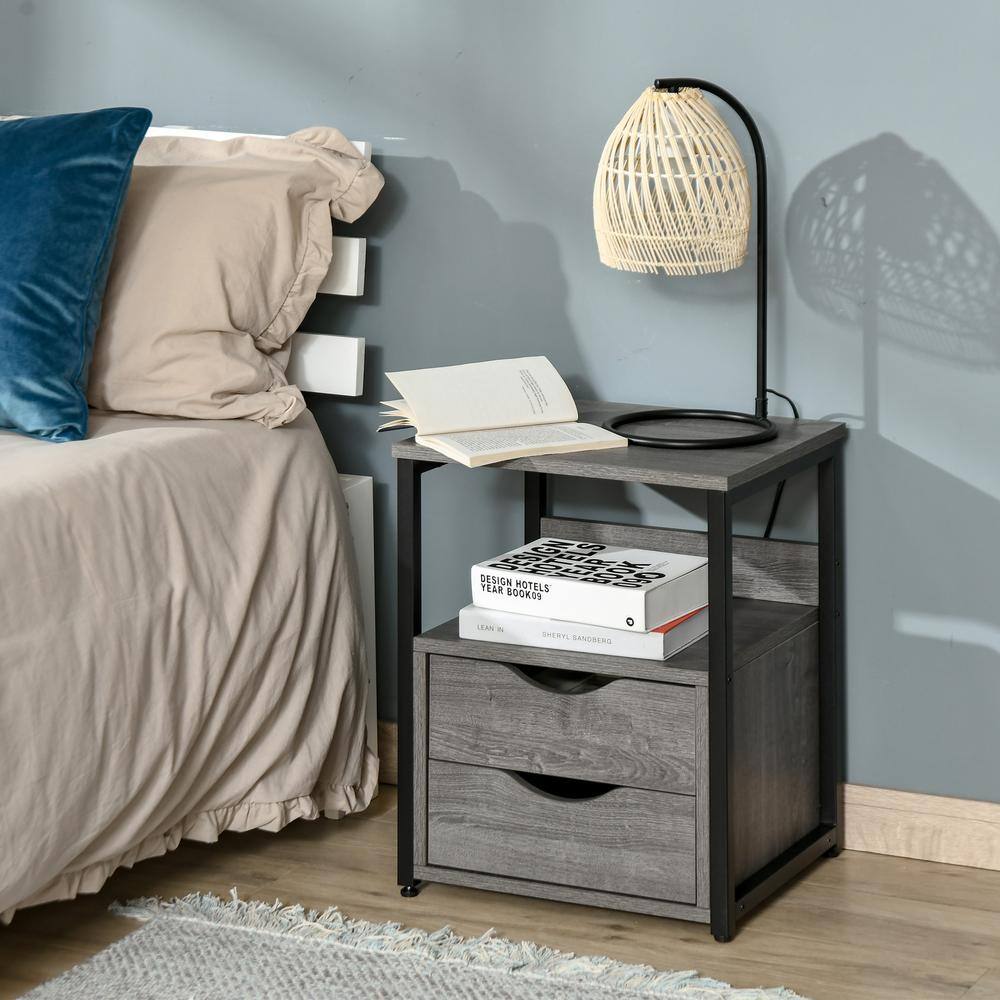 Industrial Chic Side Table with Dual Storage Drawers and Shelf