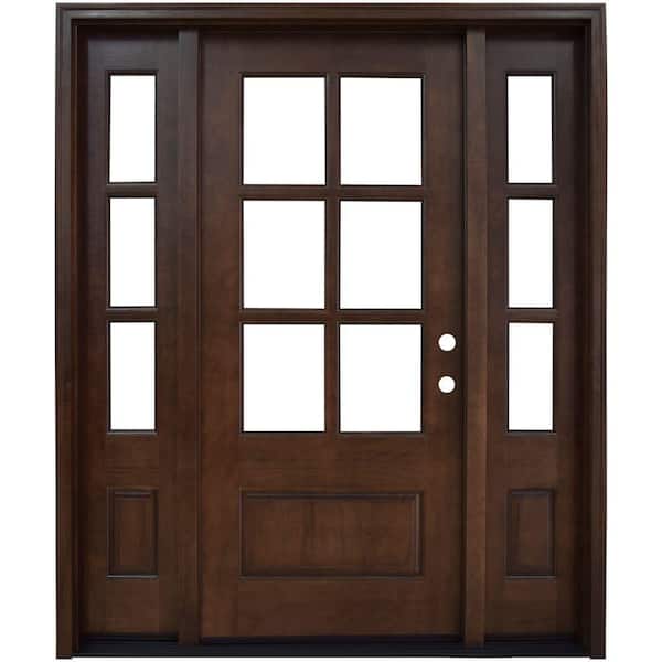 Steves & Sons 60 in. x 80 in. Savannah Clear 6 Lite LHIS Mahogany Stained Wood Prehung Front Door with Double 10 in. Sidelites