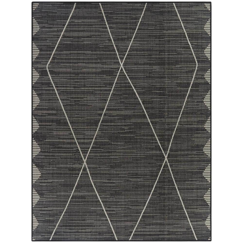 Charcoal Diamond Pattern Synthetic Flat Woven Indoor/Outdoor Rug