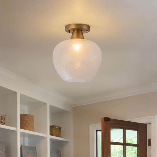Dvorakova 9.06 in. 1-Light Natural Brass Semi Flush Mount with White Jade Opal Glass Shade
