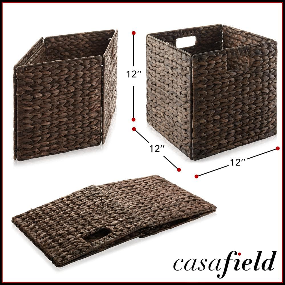 Espresso Water Hyacinth 12" Storage Baskets with Handles, Set of 2
