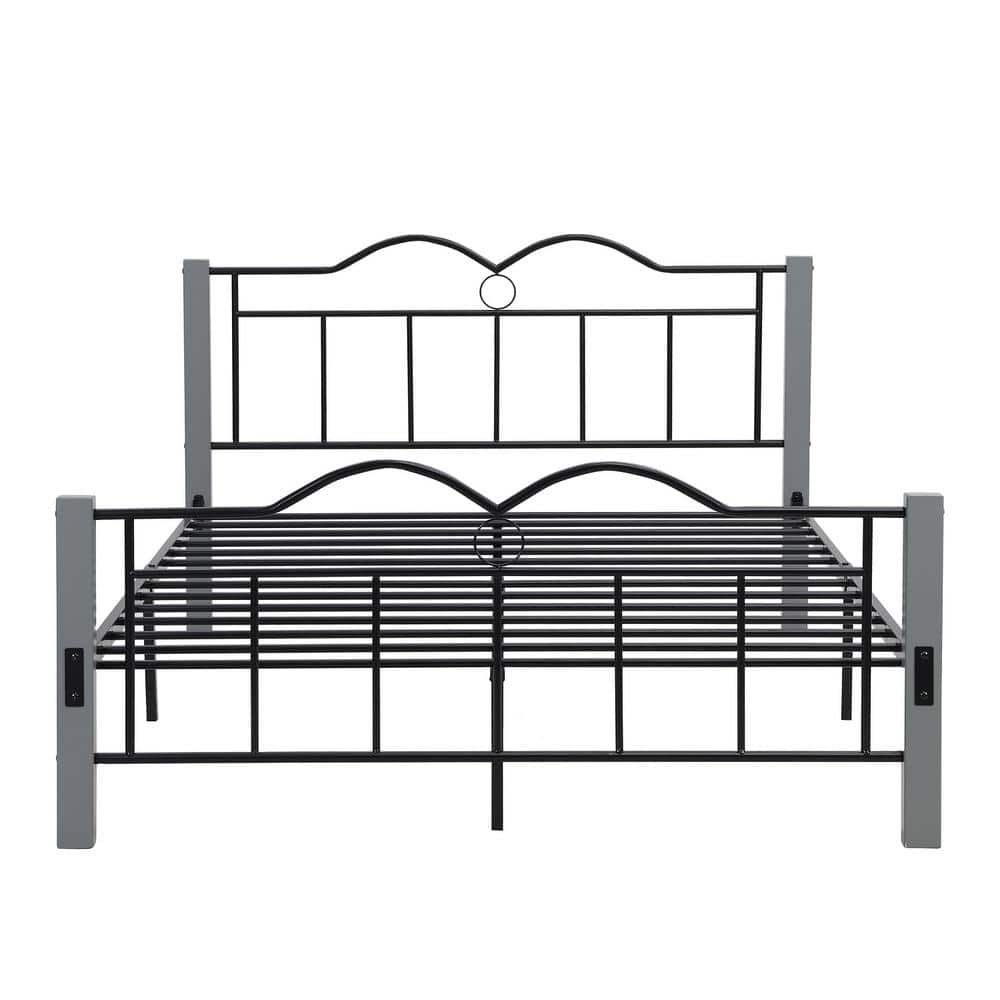Gray Full Size Bed Frame Supported by Metal Slats