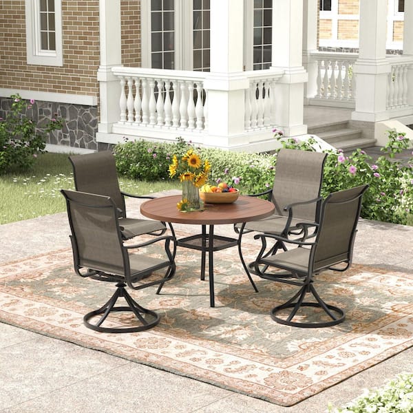 5-Piece Metal Outdoor Dining Set with Storage Shelf, Walnut Tabletop, Umbrella Hole, Brown Seats