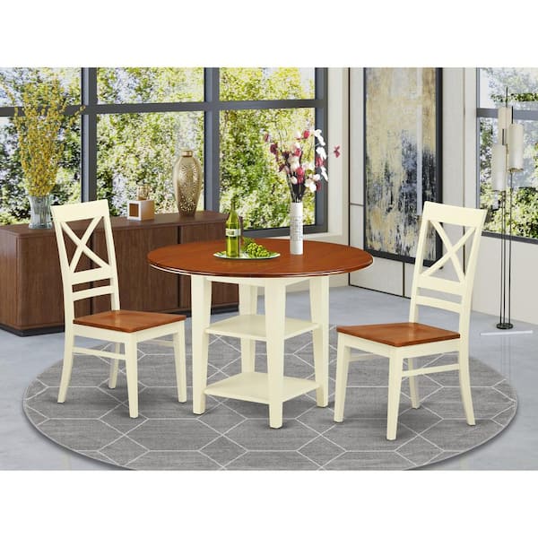 East West Furniture 3-Piece Buttermilk and Cherry Finish Round Solid Wood Top Dining Table Set