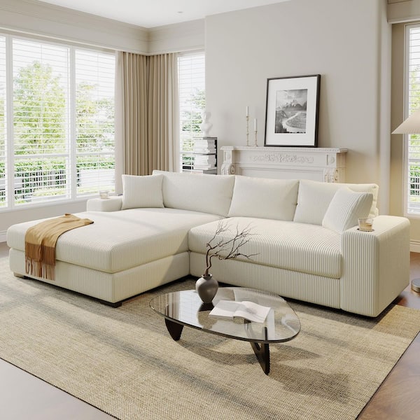 111.5 in. W Corduroy L-Shape Sectional Sofa with Cup Holders, Charging Ports and Thick Cushions in Beige