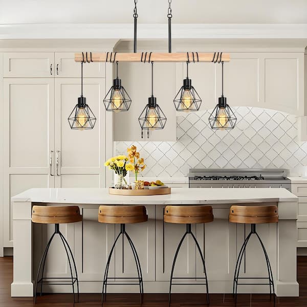 Rviezza Farmhouse 5-Light Matte Black and Natural Wood Linear