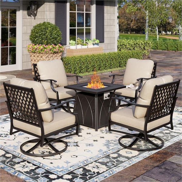 PHI VILLA Black Metal 4 Seat 5-Piece Steel Outdoor Patio Conversation Set with Beige Cushions,Swivel Chairs,Square Fire Pit Table