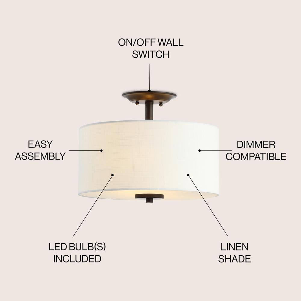 Elegant 15" Drum Linen Shade LED Semi-Flush Mount in Oil Rubbed Bronze