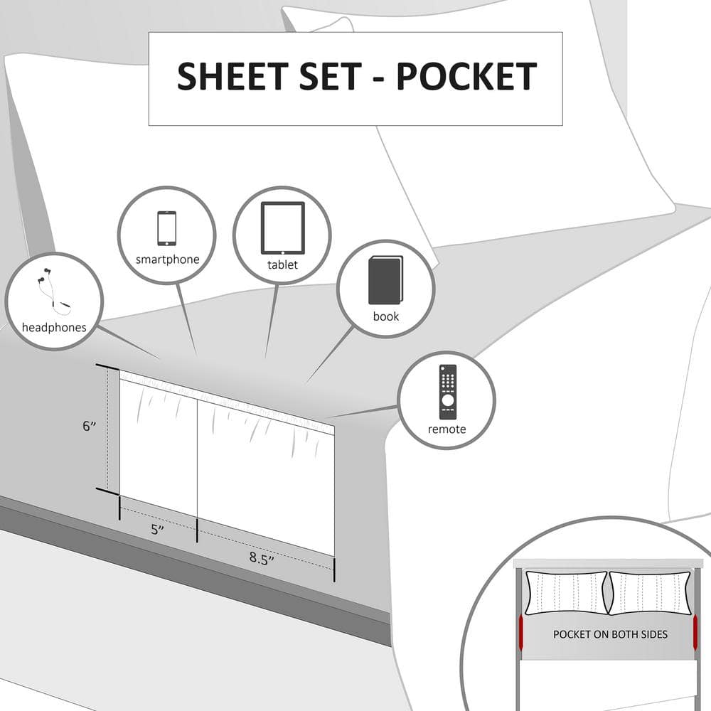 Twin Gray Microfiber Sheet Set with Side Storage Pockets