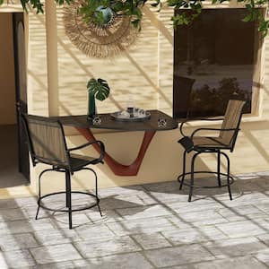 Brown 2-Piece 360° Swivel Metal Outdoor Bar Stool with Armrests for Balcony, Poolside, Backyard