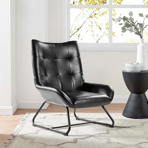 Glitzhome Mid-Century Modern Black Leatherette Wingback Accent Arm Chair With Metal Legs