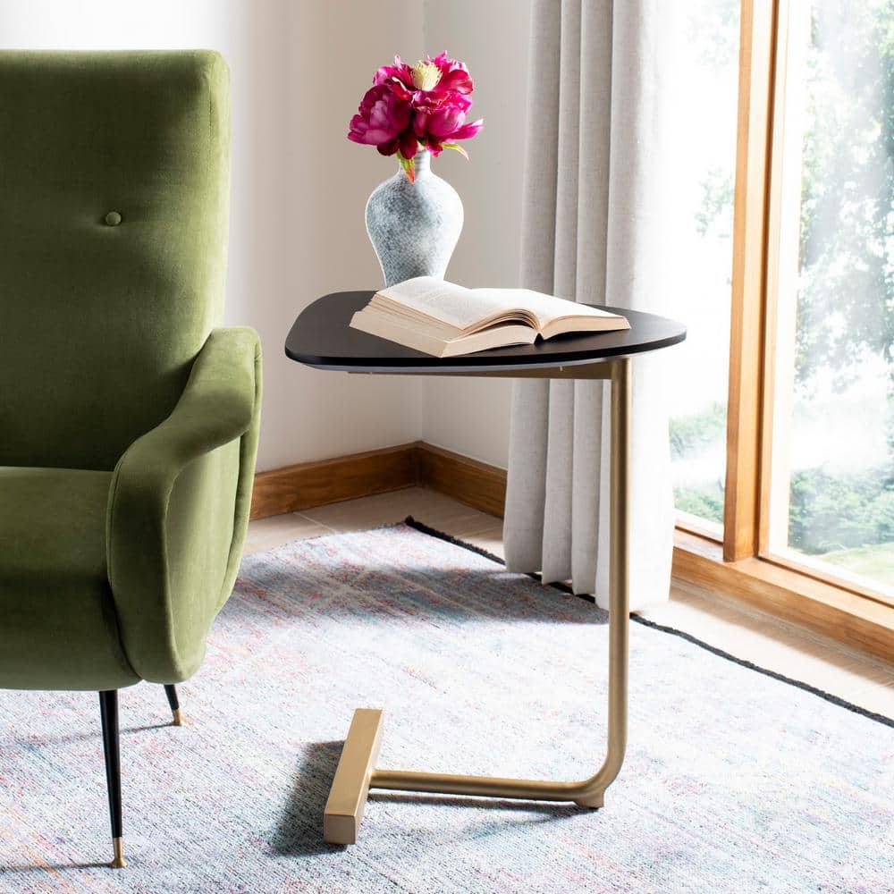 Transitional Triangular Black & Gold Wood Metal C-Table