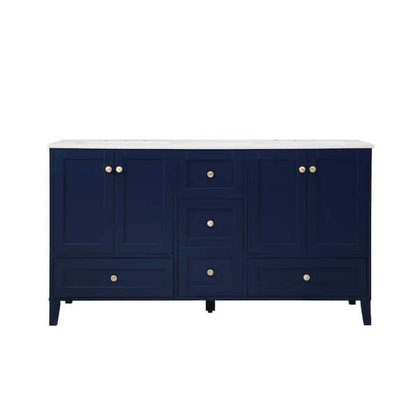 Unbranded Simply Living 60 in. Double Bathroom Vanity in Blue with Engineered Marble Vanity Top in Calacatta White