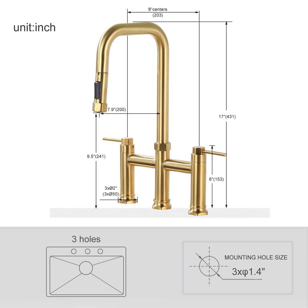 Brushed Gold Brass Double Handle Bridge Kitchen Faucet with Pull-out Spray