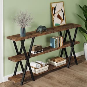 Benjamin 70.9 in. Rustic Brown Long Console Table with 3-Storage Shelves