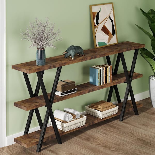 TRIBESIGNS WAY TO ORIGIN Benjamin 70.9 in. Rustic Brown Long Console Table with 3-Storage Shelves