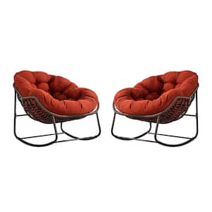 Metal Rattan Outdoor Rocking Chair Rocker Recliner Chair with Orange Cushion for Front Porch, Patio, Garden (Set of 2)