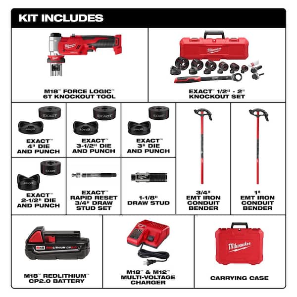 M18 18V Lith-Ion Force Logic 6-Ton Cordless Knockout Kit w/Die Set, One 2.0Ah Bat with 3/4 in. & 1 in. Conduit Bender