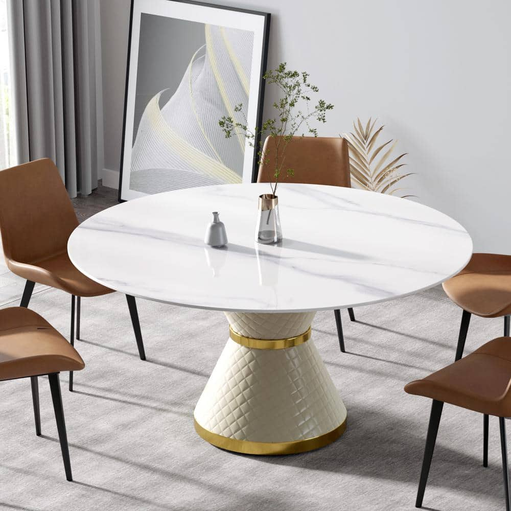 59.05 in. Circular Sintered Stone Tabletop Kitchen Dining Table with Beige PU and Metal Pedestal Base (6 Seats) -  Magic Home, CS-WF284218AAC