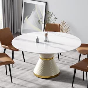 59.05 in. Circular Sintered Stone Tabletop Kitchen Dining Table with Beige PU and Metal Pedestal Base (6 Seats)