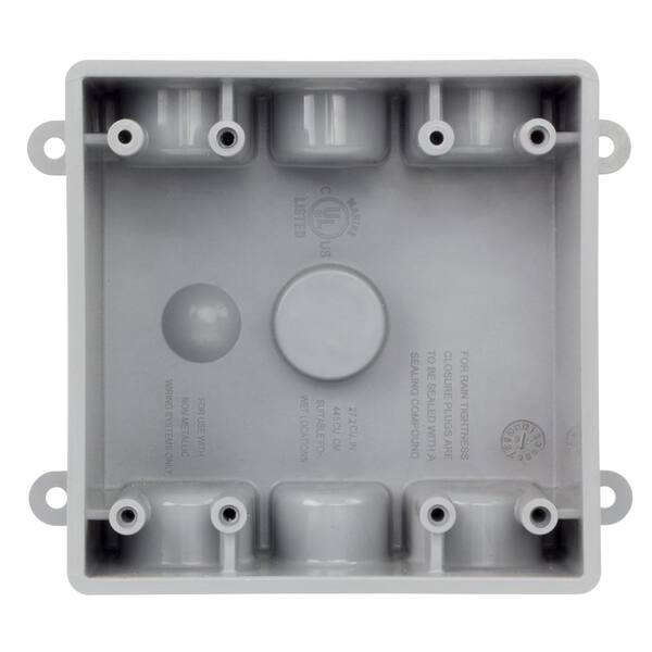 Holes Gray 2 Gang Weatherproof Electrical Outlet Box with Three 1/2 in 