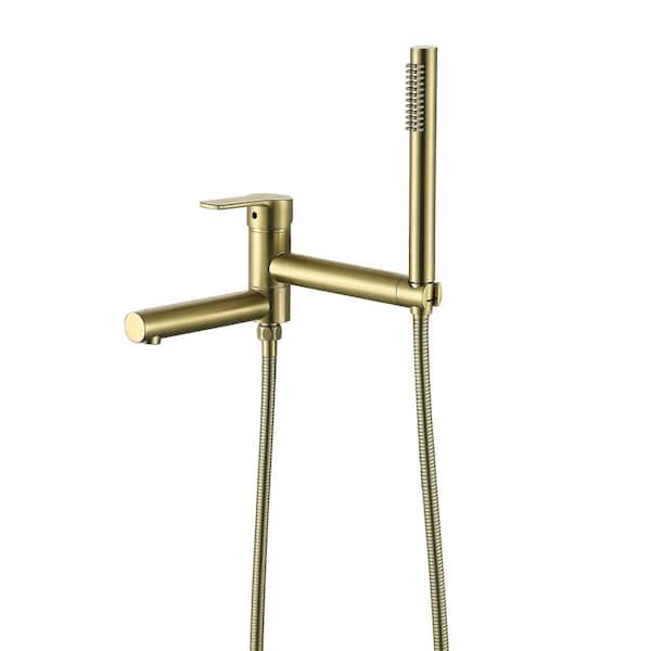 AIMADI Single-Handle Wall-Mount Roman Tub Faucet with Hand Shower Brass 2-Hole Bathtub Faucets in. Brushed Gold
