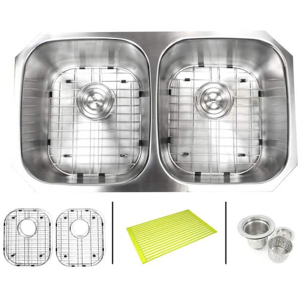 eModernDecor Undermount 16-Gauge Stainless Steel 32-1/4 in. x 18-1/2 in. x 9 in. 50/50 Double Bowl Kitchen Sink Combo