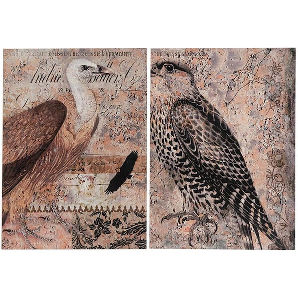1 in. x 19.7 in. Brown Antique Post Card Birds Wall Art 2-Piece