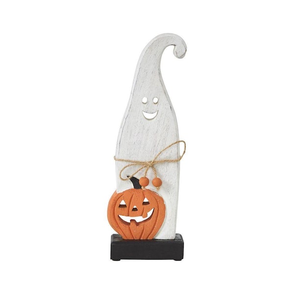 VHC BRANDS 12.5 in. Jack-O-Lantern Ghost Happy Wooden Halloween Table Decor