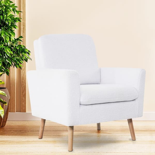 MAYKOOSH White Accent Chair for Living Room: Single Sofa with Flared Arms, Cozy Fleece Fabric Cushion, Wooden Legs