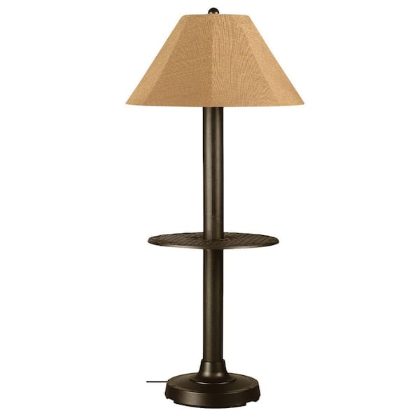 Patio Living Concepts Catalina 63.5 in. Bronze Outdoor Floor Lamp with Tray Table and Straw Linen Shade