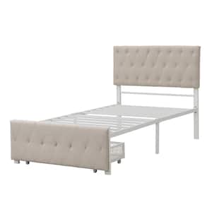Twin Size Beige Steel Platform Bed with A Big Drawer, Upholstered Platform Bed with Tufted Headboard and Footboard