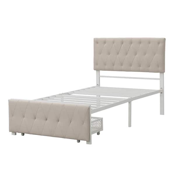 ANBAZAR Twin Size Beige Steel Platform Bed with A Big Drawer, Upholstered Platform Bed with Tufted Headboard and Footboard