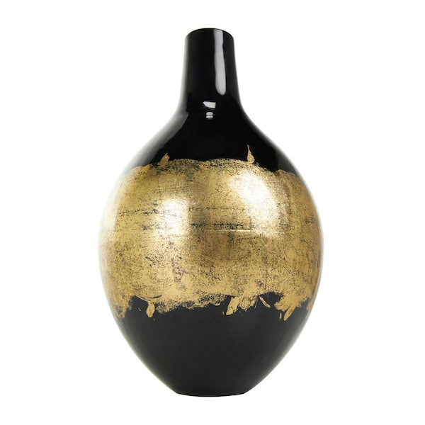 Litton Lane 13 in. Black Abstract Metal Decorative Vase with Gold Detailing