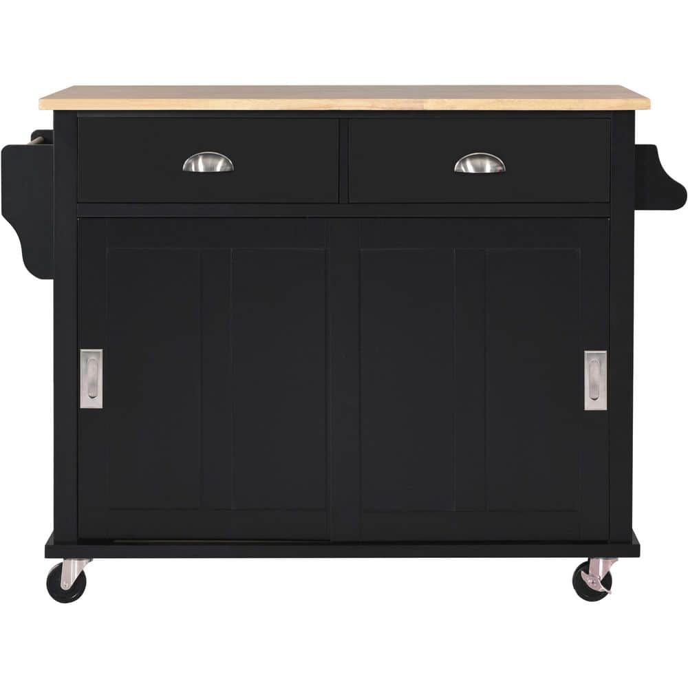 Black Rubber Wood Kitchen Cart with Drop-Leaf and Towel Rack