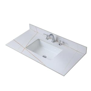 White 43 in. Bathroom Vanity Top Stone Carrara Gold New Style Tops with Ceramic Sink and 3 Faucet Holes,Vanity Stools