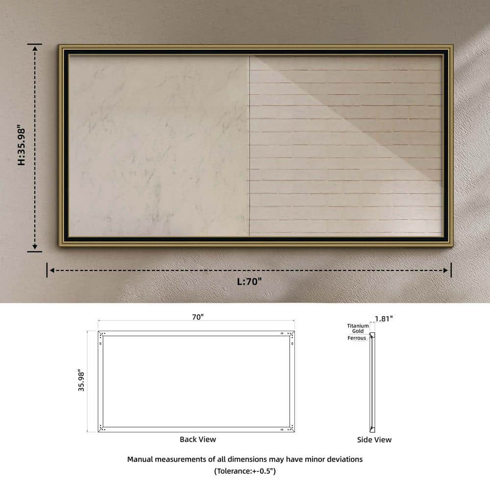 FUNKOL 70 in. L x 36 in. H Rectangular Black with Gold Framed Anti-Fog ...
