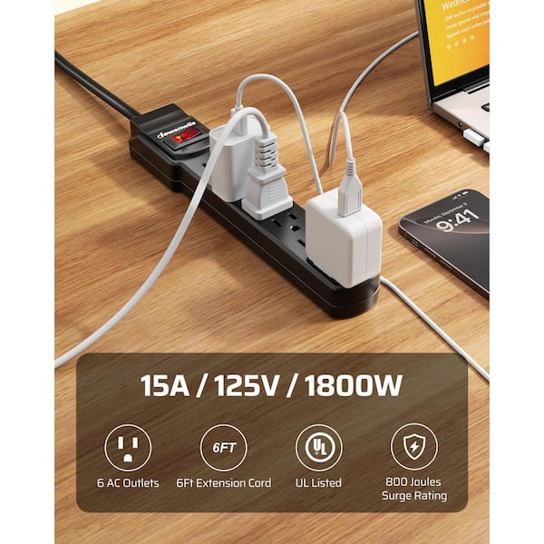 6 ft. 6-Outlet Power Strip Surge Protector, 800 J in Black (2-Pack)