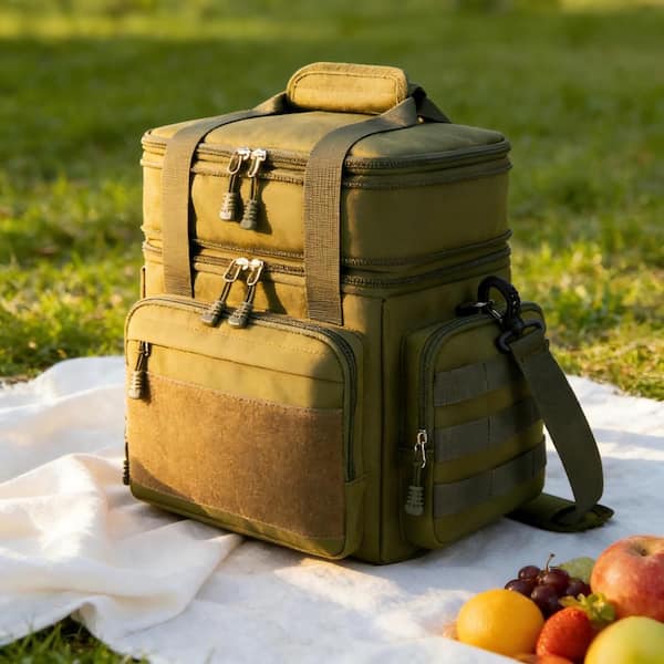 Military Lunch Bag with Dual Compartments, Leakproof Insulated, 15L Capacity, Multi-Pocket Design for Work Travel, Green