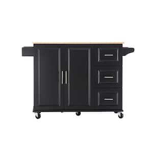 Black Rubber Wood Table Top 54 in. Kitchen Island Cart with Drop Leaf Adjustable Shelf Cabinet, Drawer and Spice Rack