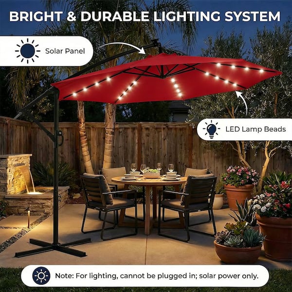lohasco 10 ft. Solar LED Patio Offset Umbrella Outdoor Cantilever Umbrella in Red