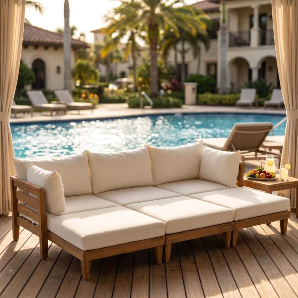 Acacia Wood Outdoor Large Daybed, 6-Piece Patio Sofa Set with 5 Pillows and 6 Beige Cushions or Backyard, Poolside