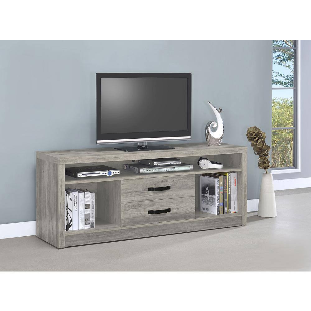 Modern Driftwood Gray TV Console with 2 Drawers and Open Shelving
