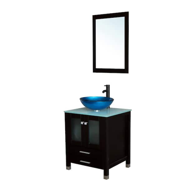 Wonline 24 in. W x 21.7 in. D x 29.5 in. H Single Sink Bath Vanity in Black with Glass Top and Mirror