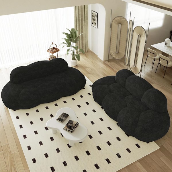 90 in. Armless Lamb Fleece Fabric Modern Cloud Shaped Couch Curved Leisure Sofa for Bedroom, Apartment in Black