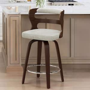 Arabela 26 in. Beige Gray Solid Wood Swivel Bar Stool Faux Leather Kitchen Counter Stool with Walnut Frame