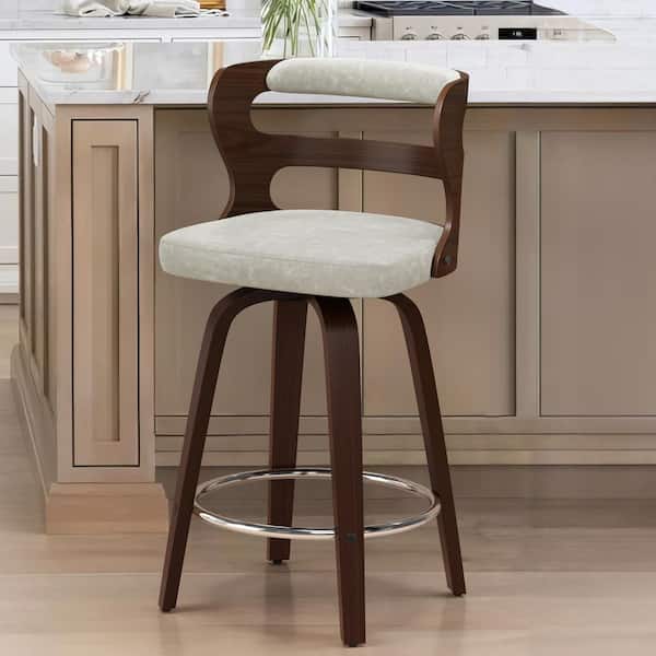 cozyman Arabela 26 in. Beige Gray Solid Wood Swivel Bar Stool Faux Leather Kitchen Counter Stool with Walnut Frame